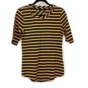Banana Republic Striped Elbow Sleeve Top Womens M Navy Yellow Shirttail Hem